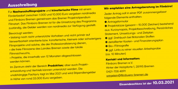 Bild zur News: Filmstart Bremen- Projektstipendium